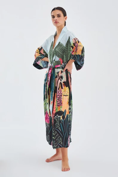 Peraluna KAURİ Tropik Desenli Bilek Hizası Saten Kadın Kimono - Çok Renkli - 5