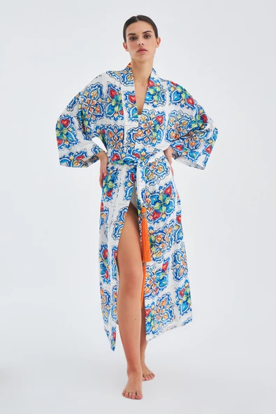Peraluna RIA KİMONO Çini Desenli 127 CM Püskül Kemer Detaylı Saten Kadın Kimono - Çok Renkli - 7