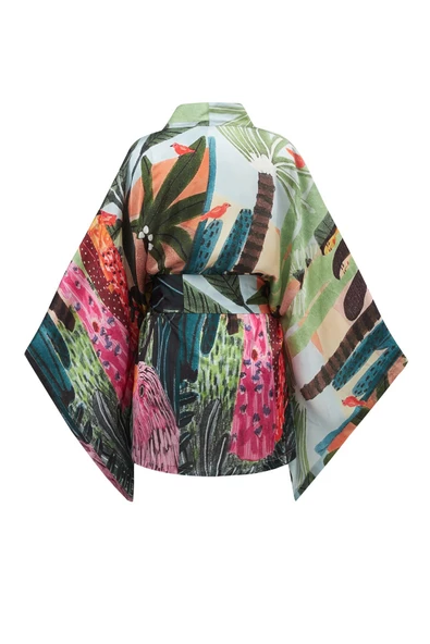 Peraluna SHUKO Tropik Desenli Geniş Kollu Saten Kadın Kimono - Çok Renkli - 10