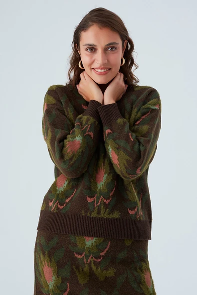 Peraluna FIORI PULLOVER Çiçek Desenli Crop Kadın Triko Kazak - Çok Renkli - 8