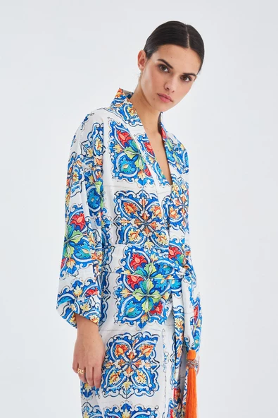 Peraluna RIA KİMONO Çini Desenli 127 CM Püskül Kemer Detaylı Saten Kadın Kimono - Çok Renkli - 5