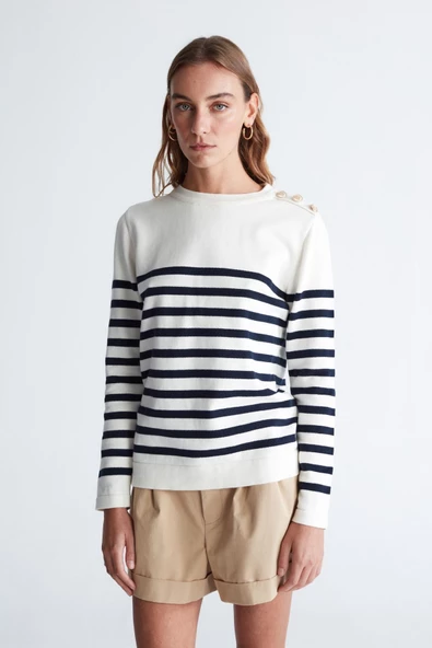 Styleboom X Peraluna BARDOT PULLOVER Omzu Düğmeli Çizgili Organik Pamuk Mevsimlik Kadın Triko Kazak - Ekru/Lacivert - 4