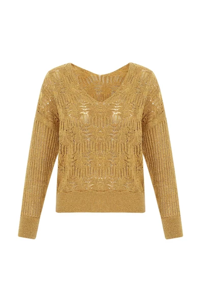 Peraluna SCARLET PULLOVER Yaprak Desenli V Yaka Simli Uzun Kol Kadın Triko Kazak - Altın - 8