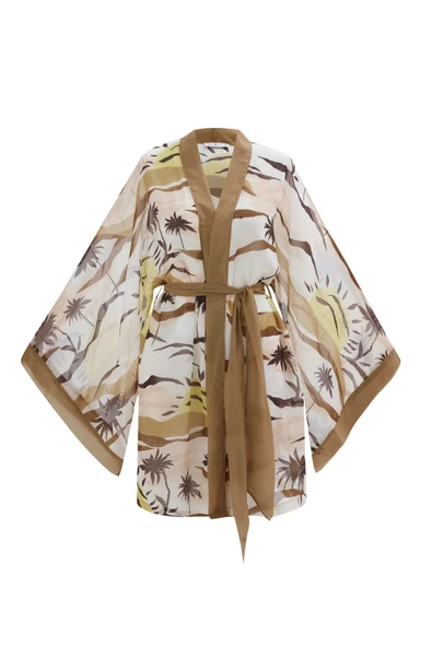 Peraluna SAHRA KIMONO Güneş Desenli 90 CM Şifon Yazlık Kadın Kimono - Kahve/Bej - 7