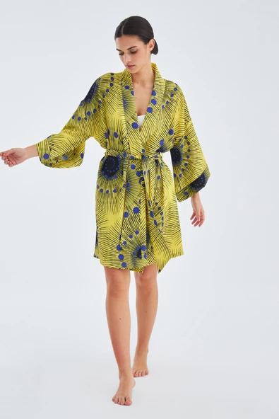 Peraluna AURA Geometrik Desenli Diz Hizası Saten Kadın Kimono - Sarı/Mavi - 6