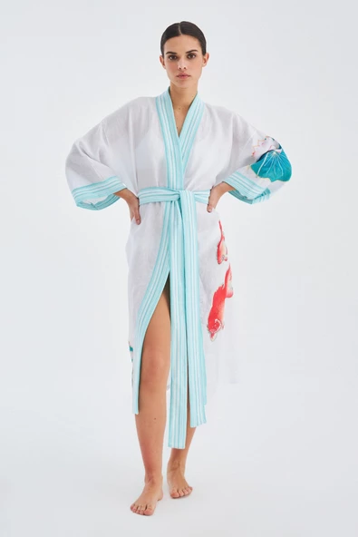 Peraluna LOTUS Balık Aplikeli Keten Karışımlı Diz Altı Kadın Kimono - Beyaz - 7