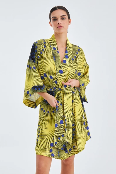 Peraluna AURA Geometrik Desenli Diz Hizası Saten Kadın Kimono - Sarı/Mavi - 4