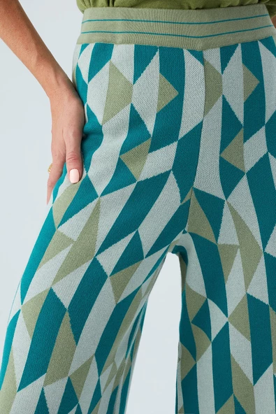 Peraluna LENA TROUSER %100 Pamuk Geometrik Retro Desenli Kadın Triko Pantolon - Multi Yeşil - 4