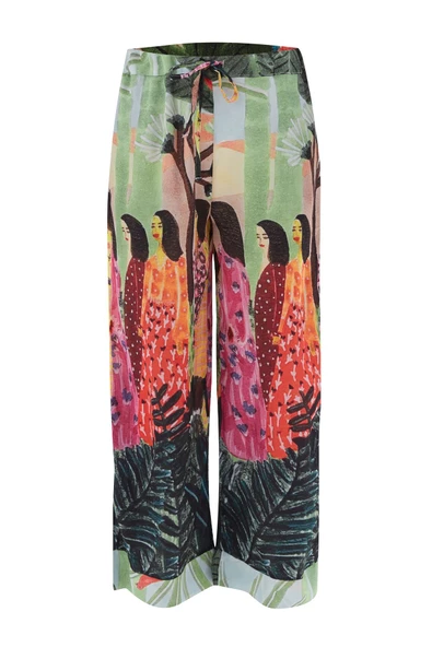Peraluna SHUKO TROUSER Tropik Desenli Bol Kesim Saten Kadın Pantolon - Çok Renkli - 5