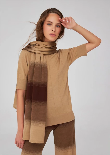 Peraluna Organik Pamuk Karışım Yüksek Bel Boru Paça Kadın Triko Pantolon - Kahve/Camel Melanj - 2
