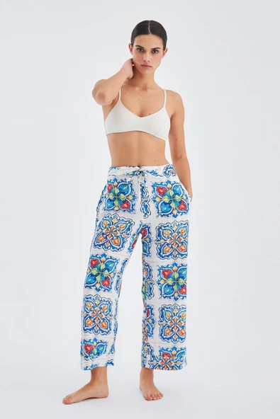 Peraluna RİA TROUSER Çini Desenli Bol Kesim Yazlık Saten Kadın Pantolon - Çok Renkli - 6