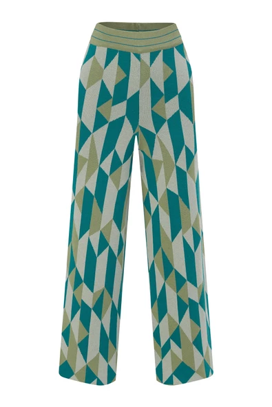 Peraluna LENA TROUSER %100 Pamuk Geometrik Retro Desenli Kadın Triko Pantolon - Multi Yeşil - 9