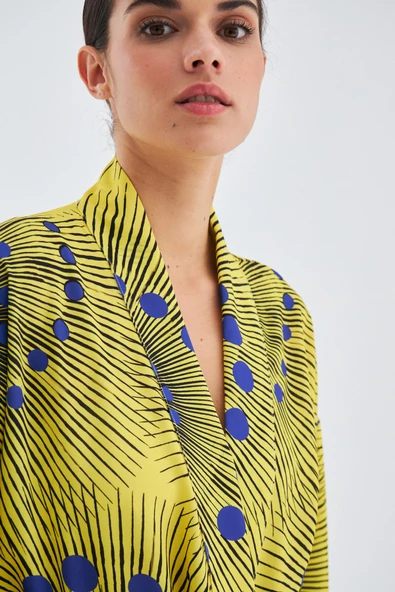 Peraluna AURA Geometrik Desenli Diz Hizası Saten Kadın Kimono - Sarı/Mavi - 3