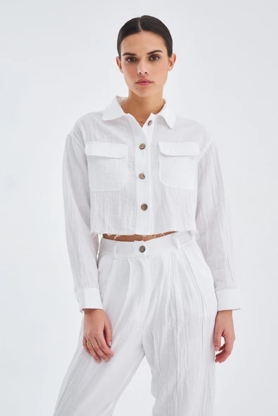 Peraluna SANDAL TROUSER Bol Kesim Yazlık Muslin Kadın Kısa Pantolon - Beyaz - 3