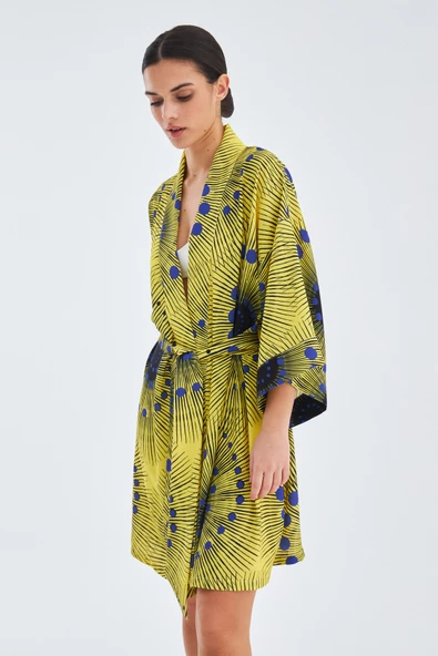 Peraluna AURA Geometrik Desenli Diz Hizası Saten Kadın Kimono - Sarı/Mavi - 5