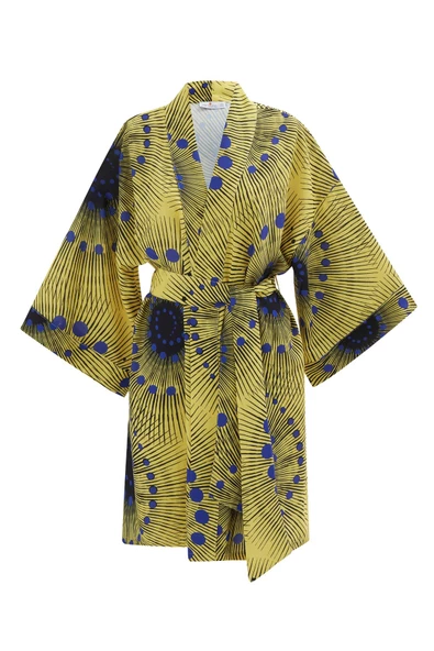 Peraluna AURA Geometrik Desenli Diz Hizası Saten Kadın Kimono - Sarı/Mavi - 9