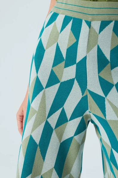 Peraluna LENA TROUSER %100 Pamuk Geometrik Retro Desenli Kadın Triko Pantolon - Multi Yeşil - 3