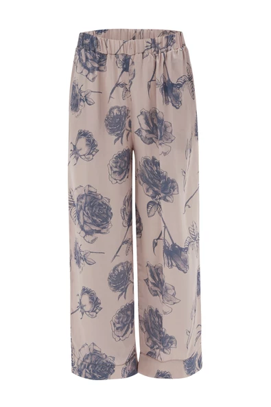 Peraluna ROSA TROUSER Gül Desenli Cepli Saten Kadın Pantolon - Koyu Pudra/Mor - 4