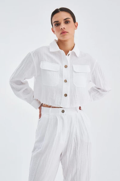 Peraluna SANDAL TROUSER Bol Kesim Yazlık Muslin Kadın Kısa Pantolon - Beyaz - 4