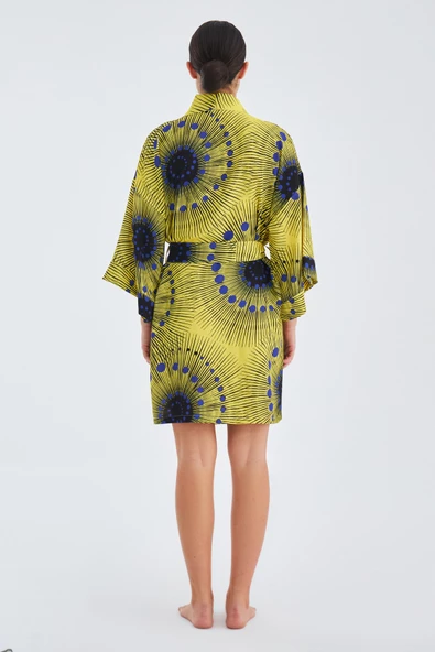 Peraluna AURA Geometrik Desenli Diz Hizası Saten Kadın Kimono - Sarı/Mavi - 8