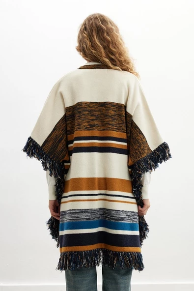 Peraluna MELODY PONCHO Çizgili Yün Karışım Diz Boy Püsküllü Kadın Triko Panço - Multi - Resim 5