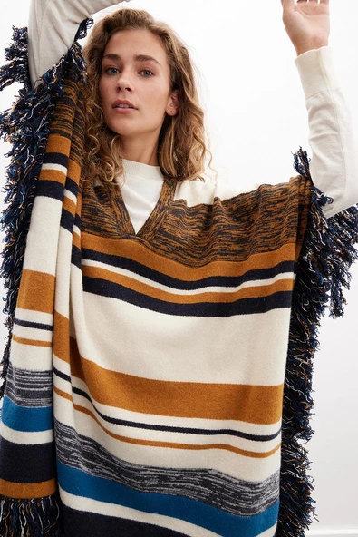 Peraluna MELODY PONCHO Çizgili Yün Karışım Diz Boy Püsküllü Kadın Triko Panço - Multi - Resim 3