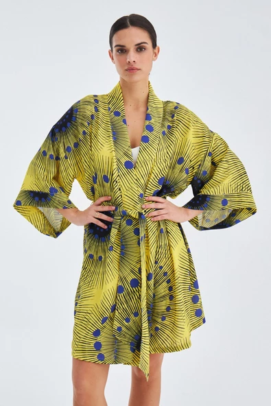 Peraluna AURA Geometrik Desenli Diz Hizası Saten Kadın Kimono - Sarı/Mavi - 2