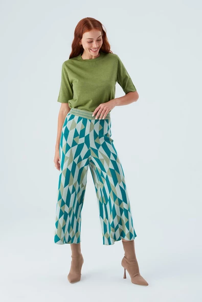 Peraluna LENA TROUSER %100 Pamuk Geometrik Retro Desenli Kadın Triko Pantolon - Multi Yeşil - 6