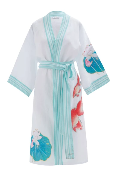 Peraluna LOTUS Balık Aplikeli Keten Karışımlı Diz Altı Kadın Kimono - Beyaz - 10