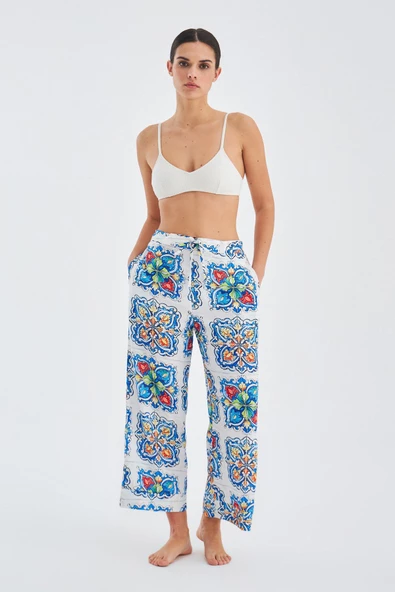 Peraluna RİA TROUSER Çini Desenli Bol Kesim Yazlık Saten Kadın Pantolon - Çok Renkli - 7