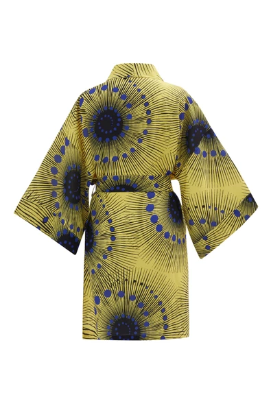 Peraluna AURA Geometrik Desenli Diz Hizası Saten Kadın Kimono - Sarı/Mavi - 10