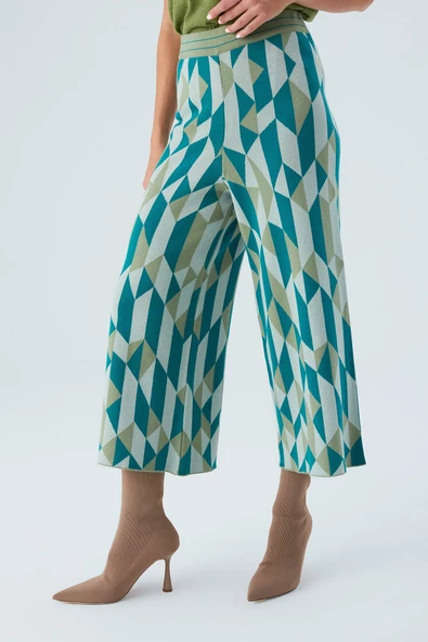 Peraluna LENA TROUSER %100 Pamuk Geometrik Retro Desenli Kadın Triko Pantolon - Multi Yeşil - 2