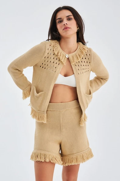Peraluna MIYOKİ CARDIGAN & SHORTS Mevsimlik Pamuklu Kadın Triko Takım Şort - Bej - 2