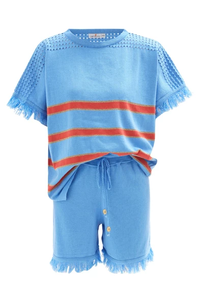 Peraluna HANNAH BLOUSE & SHORTS Pamuklu Yazlık Kadın Triko Şort Takım - Mavi/Turuncu/Gold - 10