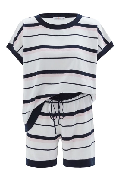 Peraluna MARINE BLOUSE & SHORTS %100 Pamuk Yazlık Kadın Triko Şort Takım - Lacivert/Ekru - 10