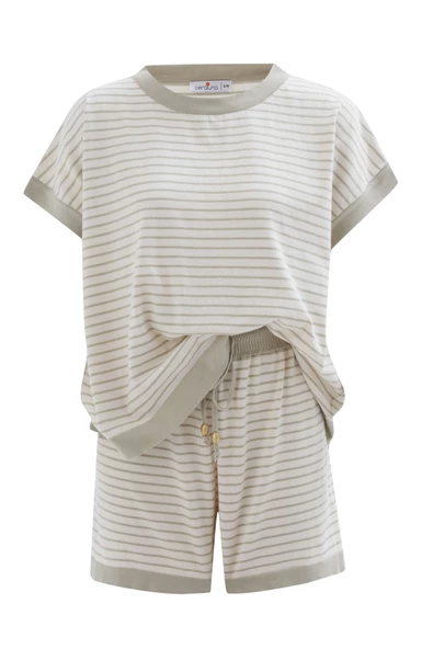Peraluna VERA BLOUSE & SHORTS Pamuklu Yazlık Kadın Triko Şort Takım - Ekru/Çağla Yeşili - 9