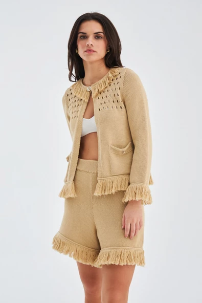 Peraluna MIYOKİ CARDIGAN & SHORTS Mevsimlik Pamuklu Kadın Triko Takım Şort - Bej - 7
