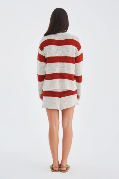 Peraluna SIENA BLOUSE & SHORTS Çizgili Uzun Kollu Kadın Triko Şort Takım - Kremit/Taş - 8
