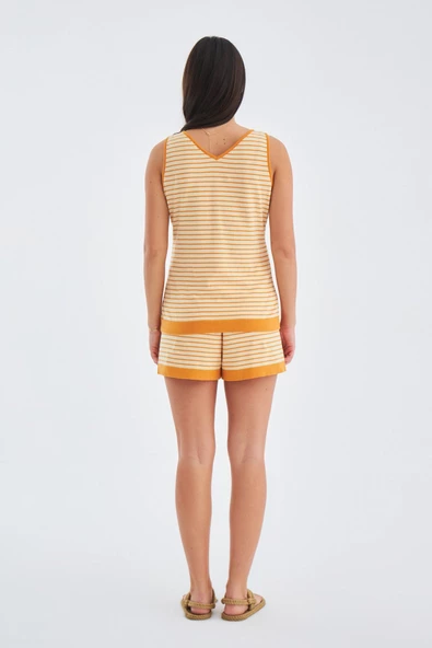 Peraluna PARU TOP & SHORTS Pamuklu Yazlık Kadın Triko Şort Takım - Bej/Turuncu - 8