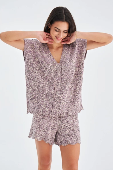 Peraluna RENGE BLOUSE & SHORTS Yazlık Viskonlu Kadın Triko Şort Takım - Lila - 5