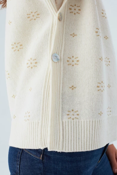 Peraluna LULU VEST Simli Kar Taneli Yanları Düğmeli V Yaka Kadın Triko Süveter - Ekru - 4