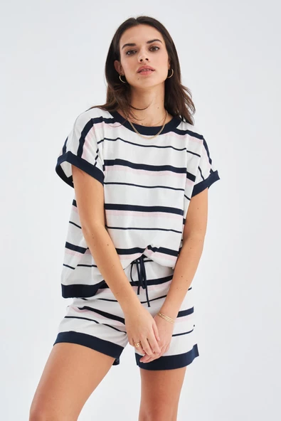 Peraluna MARINE BLOUSE & SHORTS %100 Pamuk Yazlık Kadın Triko Şort Takım - Lacivert/Ekru - 8