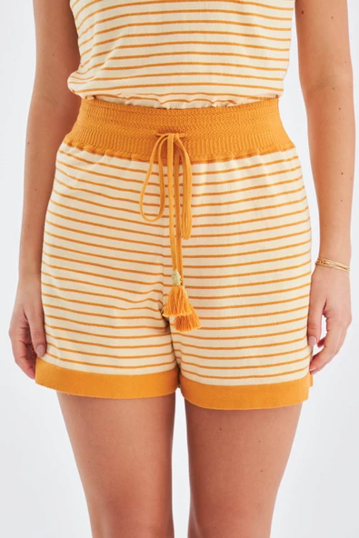 Peraluna PARU TOP & SHORTS Pamuklu Yazlık Kadın Triko Şort Takım - Bej/Turuncu - 4