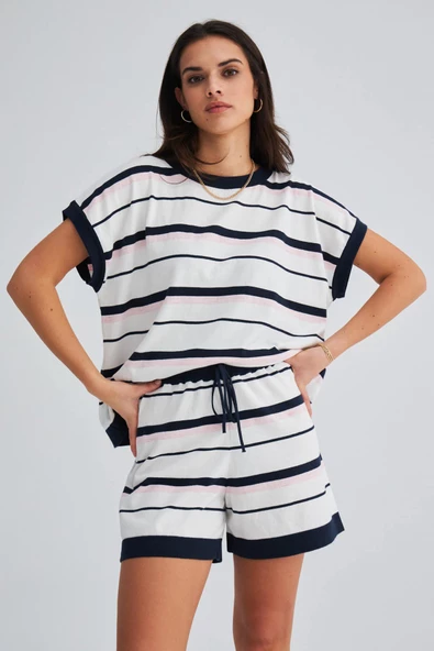 Peraluna MARINE BLOUSE & SHORTS %100 Pamuk Yazlık Kadın Triko Şort Takım - Lacivert/Ekru - 2