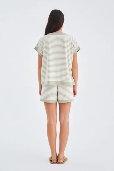 Peraluna VERA BLOUSE & SHORTS Pamuklu Yazlık Kadın Triko Şort Takım - Ekru/Çağla Yeşili - 8