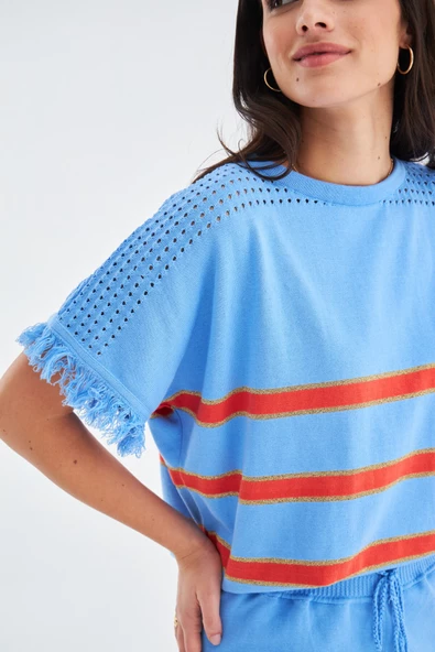 Peraluna HANNAH BLOUSE & SHORTS Pamuklu Yazlık Kadın Triko Şort Takım - Mavi/Turuncu/Gold - 3