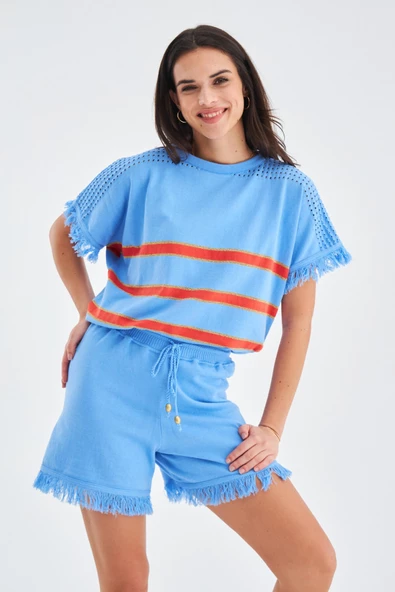 Peraluna HANNAH BLOUSE & SHORTS Pamuklu Yazlık Kadın Triko Şort Takım - Mavi/Turuncu/Gold - 5