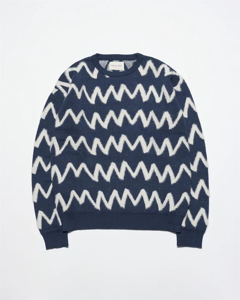 Far Afield DROP SHOULDER KNIT - ZIG Bisiklet Yaka Standart Kesim Zigzag Desen Erkek Triko Kazak - Lacivert - 5