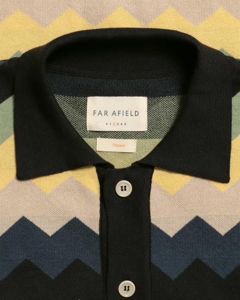 Far Afield ZIGGER CARDIGAN ZIG PATHERN Polo Yaka Kısa Kol %100 Organik Pamuk Erkek Triko Hırka - Siyah - 3