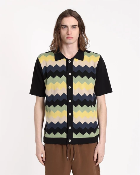 Far Afield ZIGGER CARDIGAN ZIG PATHERN Polo Yaka Kısa Kol %100 Organik Pamuk Erkek Triko Hırka - Siyah - 2